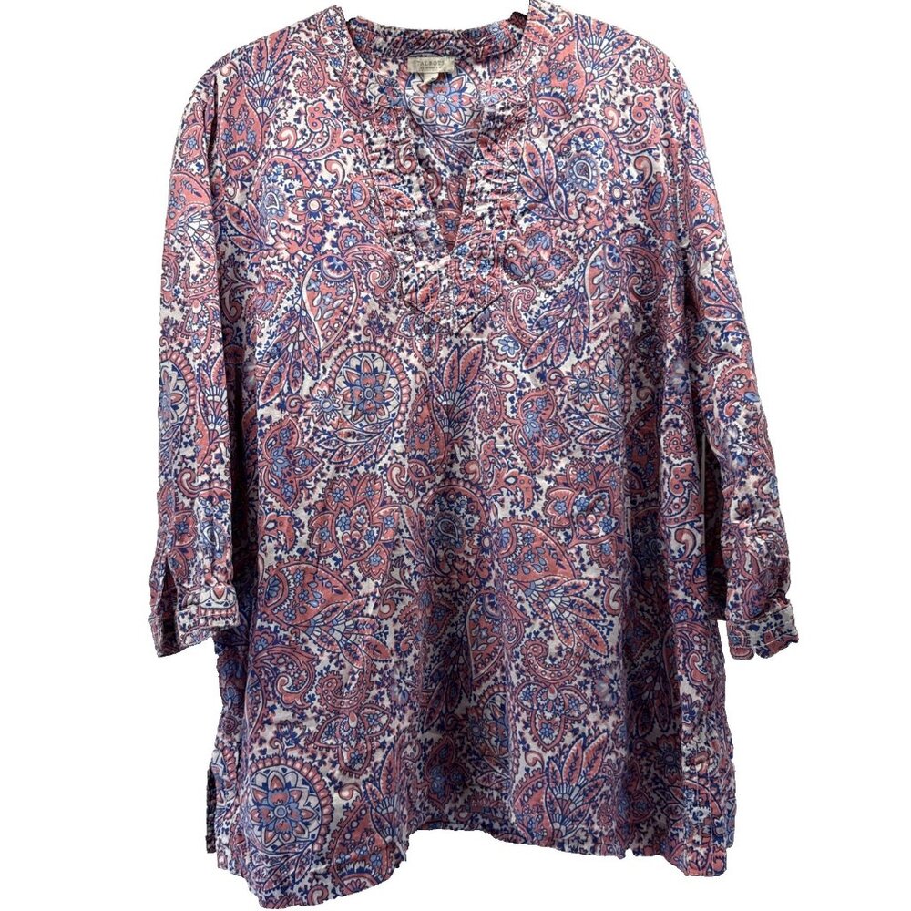 Talbots Women's Top Plus 1X Paisley Pink Blue Popover 3/4‎ Sleeves Cotton Light